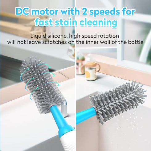 Electric Bottle Brush Set with Baby Bottle Brush, 2 Nipple Brush, Straw Brush and Extension Handle, Rechargeable Bottle Brush Cleaner, for New Bab...