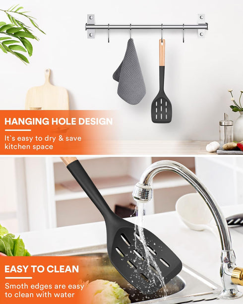 Nonstick Silicone Spatula, Non Scratch Flexible Edge for Pans, Slip Resistant comfortable Wooden Handle, Heat Resistant BPA-Free Kitchen Spatulas ...