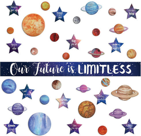 97 Pcs Space Classroom Bulletin Board Decorations Solar System Galaxy Classroom Decorations Cutouts Galaxy Our Future is Limitless with Large Star...