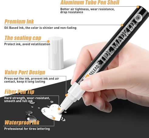 Tire Marker White - 8 Pack Paint Pens for Car Tires Lettering, Premium Professional Oil-based Ink, Waterproof Non-Fading Permanent Markers...