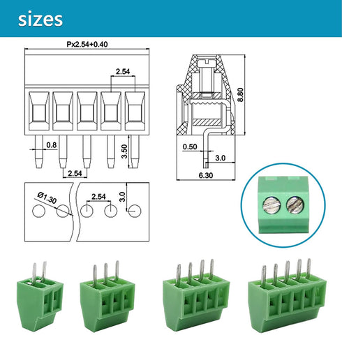 52PCS 2.54mm 0.1" Pitch PCB Mount Screw Terminal Block Connector, Minidodoca 2P 3P 4P 5P Terminals 150V 6A for 26-18AWG Cable?Equipped with Specia...