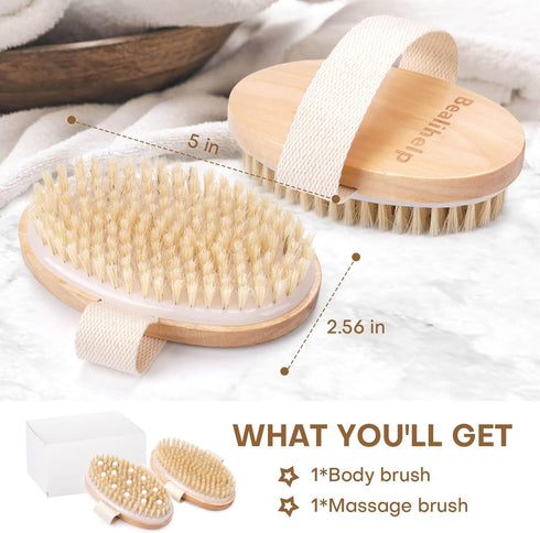 2 Pack Dry Brushing Body Brush, Natural Bristle Dry Brush, Exfoliating Body Brush for Lymphatic Drainage, Cellulite Brush for Full Body, Improving...