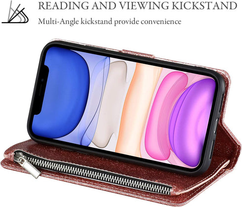 UEEBAI Wallet Case for iPhone 11, PU Leather Wallet Magnetic Closure Handbag Zipper Pocket Kickstand Card Slots with Hand Strap Glitter Flip Case ...