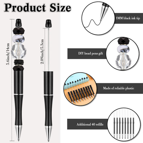 Crtiin 50 Pcs Plastic Beadable Pen Bead Pen Bulk Shaft Ink Ballpoint Pens DIY Pens for DIY Making Gift Office Supplies (Black)...