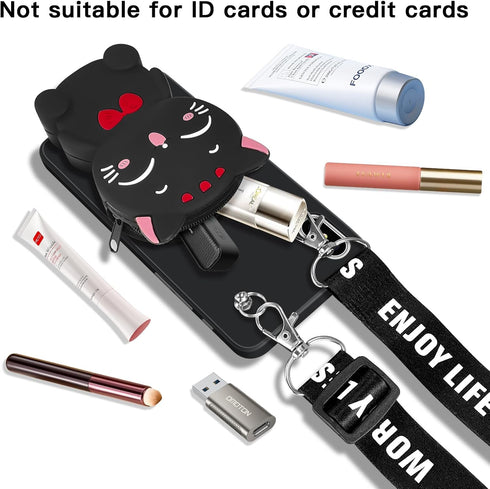 SGVAHY Wallet Case for iPhone XR with Strap Lanyard Cute Cat Black Coin Purse Funny Phone Case Kawaii Soft Silicone Shockproof Cover for Women Gir...