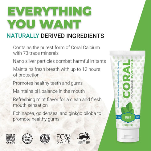 Coral Nano Silver Mint Toothpaste, Natural Fluoride Free Teeth Whitening Toothpaste, Coral Calcium Nano Silver Infused SLS Free - 4 Ounces...