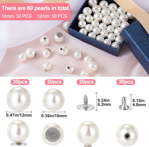 60 Sets Pearl Brooch Buttons, No Sew Buttons, 10mm/12mm Pearls Rivets Studs Buttons, Pearls Screw Studs Buttons for Shirt Coat Dress, for Women Gi...