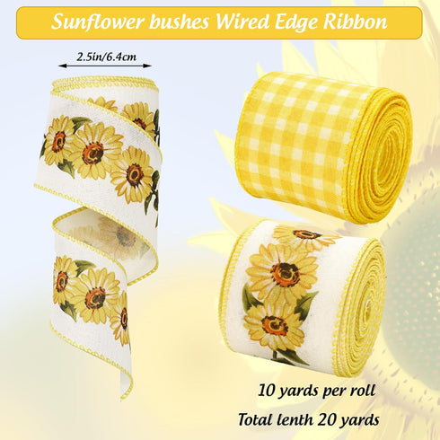 Sunflower Wired Edge Ribbon Yellow Buffalo Plaid Floral Ribbon Flower Checkered Fabric Ribbon for Wreath Bow Making DIY Craft Wrapping, 2 Rolls, 2...