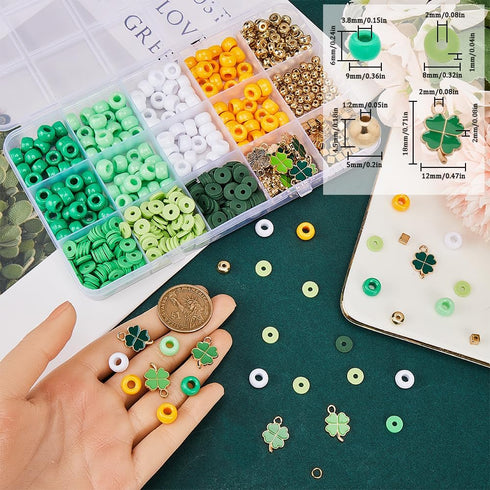 SUNNYCLUE 961Pcs St Patrick's Day Charms 8mm Pony Beads Round Opaque Polymer Clay Heishi Flat Disc Beads Enamel Four Leaf Clover Charms Irish Sham...