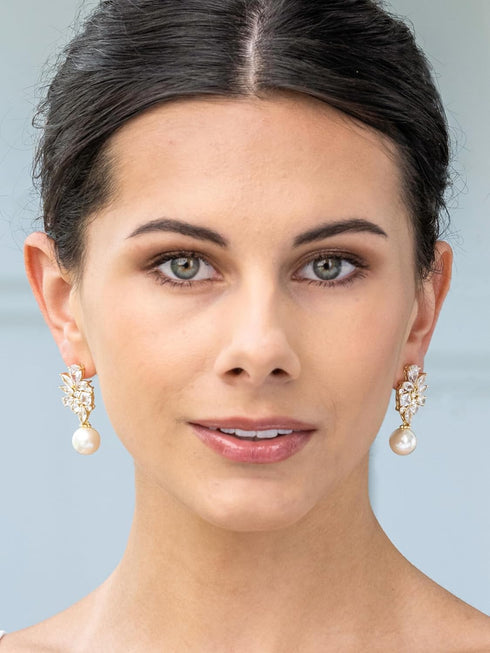 Mariell Gold Pearl Drop Bridal Earrings with CZ Crystal, Statement Jewelry for Bride, Mother of the Bride...