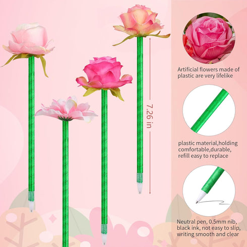 Leery Flower Pens, 15 Pieces Valentine Artificial Rose Pens Mixed Floral Pens Gel Ink Pens Ballpoint Pen with for Birthday Party Wedding Mother Gi...