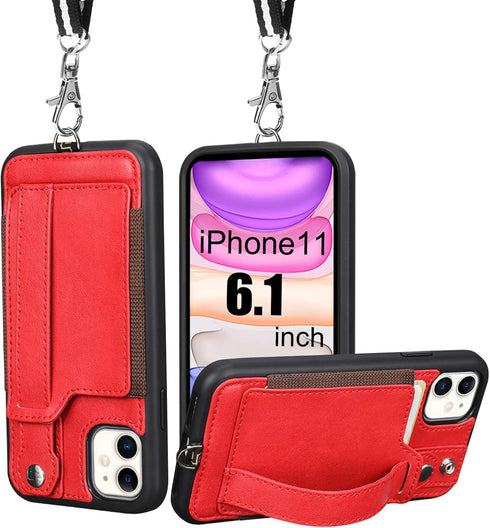 TOOVREN for iPhone 11 Wallet Lanyard Case Protective Cover with PU Leather Card Holder Adjustable Detachable Phone Lanyard Stand Strap for iPhone ...