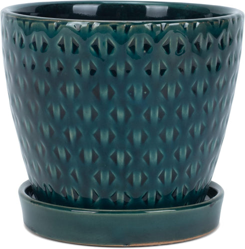 Teal Ceramic Pot with Reactive Glaze for Indoor Plants Planter with Saucer, 4.75 x 5.5 Inch...