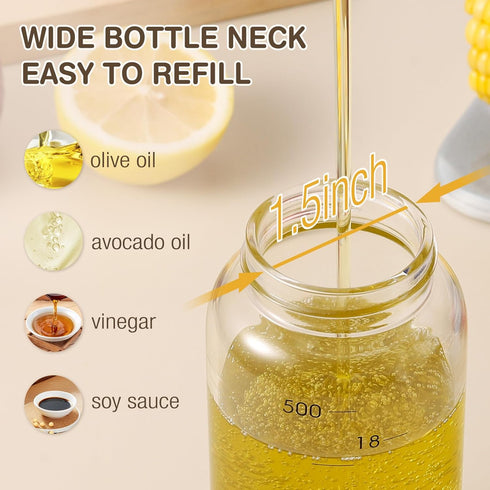 Vucchini Large Olive Oil Dispenser Bottle 17 oz - Auto Flip Condiment Container - Leakproof Vinegar Dispenser Glass Cruet Stainless Steel...