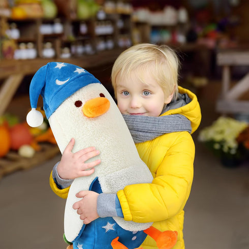 PEACH CAT Cute Long Banana Duck Plush Pillow Toy Cute Duck Plushie with Nightcap Duck Stuffed Animal for Kids White and Blue 19.7"...