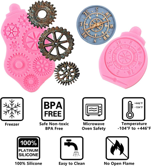 Steampunk Fondant Molds, Silicone Gears Teeth Moulds for Steampunk Travel Themed Cake Decoration, Chocolate Candy Sugarcraft Cupcake Topper, Polym...