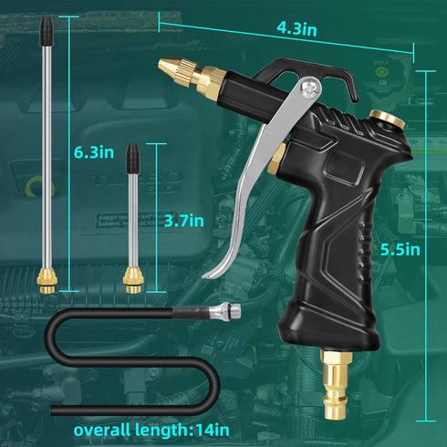 Industrial Air Blow Gun with Brass Adjustable Air Flow Nozzle, Steel Air Flow Extension, and Blow Hose, Pneumatic Air Compressor Accessories Tool ...