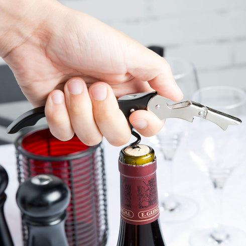 Pulltap's Double-Hinged Waiters Corkscrew, Black and Stainless Steel...