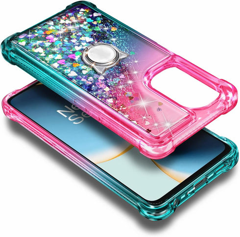 NZND Compatible with OnePlus Nord N30 5G Case, Nord CE 3 Lite 5G with Tempered Glass Screen Protector, Ring Holder/Wrist Strap, Glitter Liquid Flo...