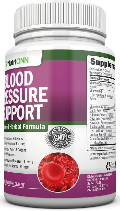Blood Pressure Support Supplement - 13 Herbs & Vitamins - with Hawthorn, Hibiscus, Garlic & Olive Leaf Extract - Natural Supplement for Women & Me...