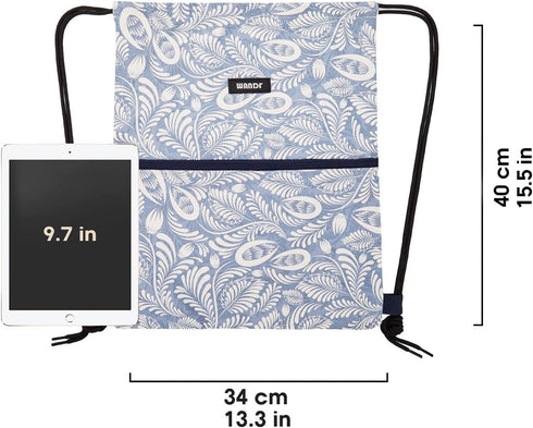 WANDF Drawstring Backpack String Bag Sackpack Cinch Water Resistant Nylon for Gym Shopping Sport Yoga (Light Blue Leaf with zipper)...