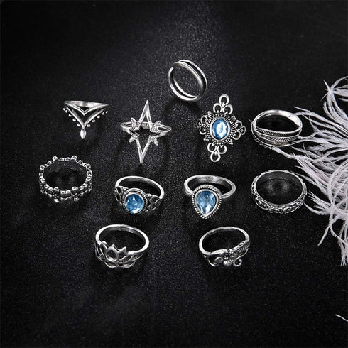 11 Pcs Bohemian Stackable Joint Knuckle Ring Set Carved Flower Star Leaf Gemstone Midi Ring Vintage Finger Rings for Women...