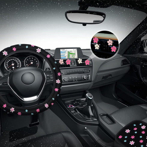 10 Pcs Embroidery Cute Flower Car Accessories Set Floral Steering Wheel Cover Car Air Vent Clips Center Console Armrest Cushion Car Cup Mats Seat ...