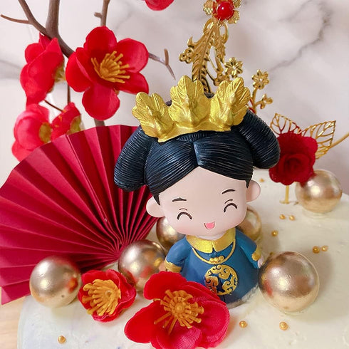 Traditional Chinese Wedding Cake Toppers - Set of 7 - Queen Figurine, Plum Blossom, Phoenix, 3 pcs Fans and Doll Base...