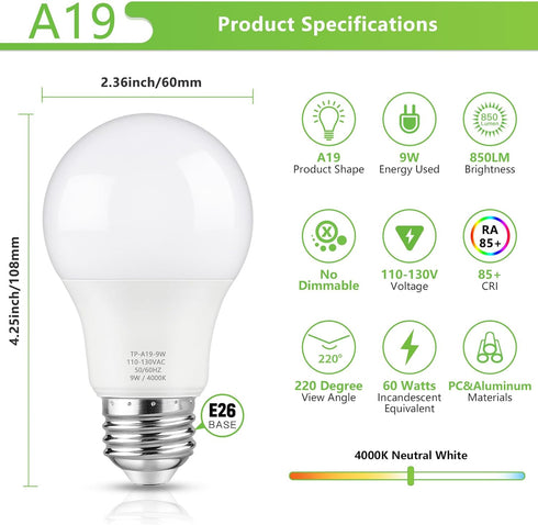 A19 LED Light Bulbs, 60 Watt Equivalent LED Bulb, Neutral White 4000K, 850LM, E26 Base, Non-Dimmable, 9W Bright White Bulbs, 12-Pack...