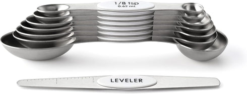 Spring Chef White Stainless Steel Magnetic Measuring Spoons Set of 8 with Leveler, Dual Sided Metal Teaspoon & Tablespoon Measuring Spoons, Fits i...