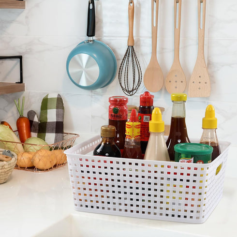 Gloreen White Plastic Basket, 8 Quart Weave Storage Baskets, 4 Packs...