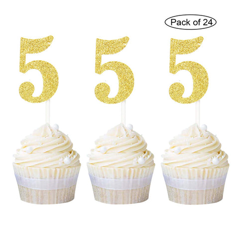 Newqueen Number 5 Cupcake Toppers Gold Glitter 5th Birthday Cupcake Topper Baby Shower Anniversary Party Decoration Supplies 24 PCS...