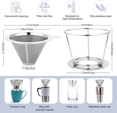 Pour Over Coffee Maker,Coffee Filter,Slow Drip Paperless Stainless Steel Cone Coffee Dripper(1 Cup)...