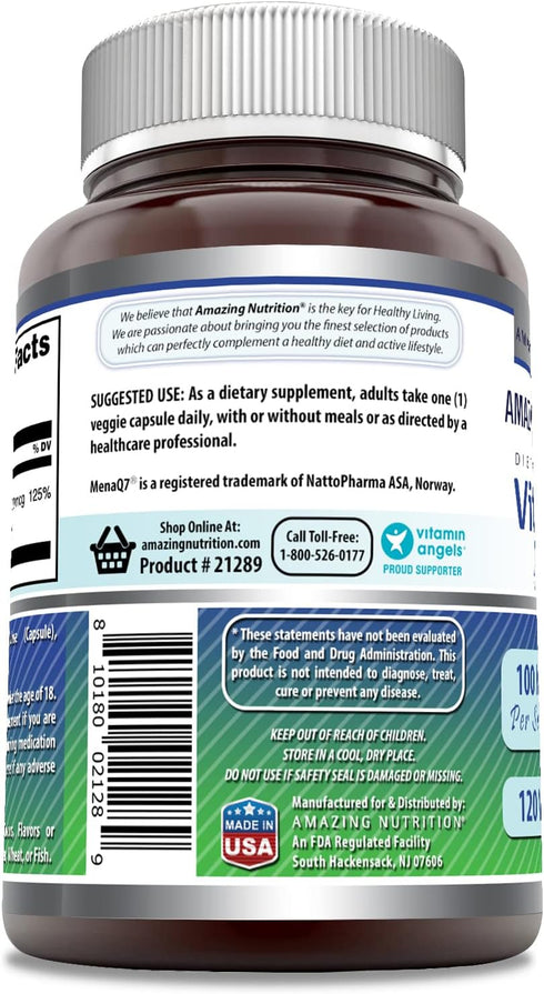 Amazing Formulas Vitamin K2 Menaq7 MK7 Supplement | 100 Mcg | Veggie Capsules | Non-GMO | Gluten Free | Made in USA (1 Pack, 120 Count)...