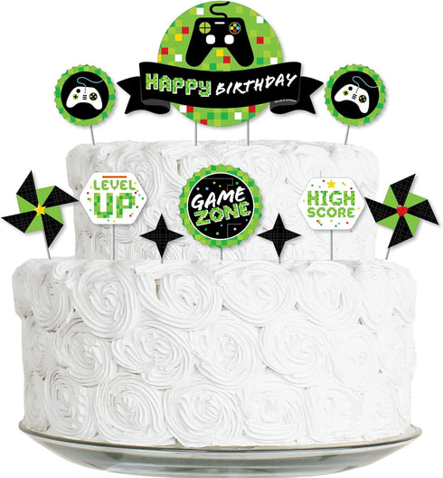 Big Dot of Happiness Game Zone - Pixel Video Game Birthday Party Cake Decorating Kit - Happy Birthday Cake Topper Set - 11 Pieces...