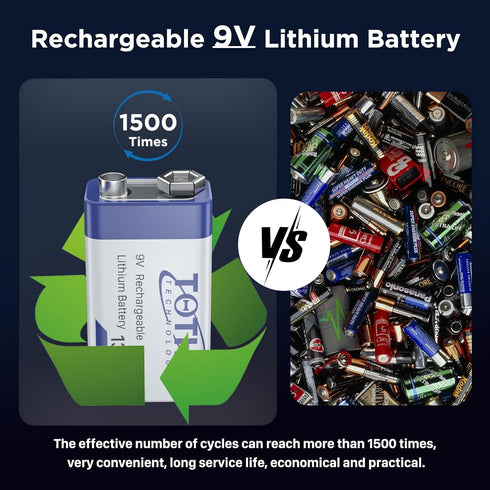 9V Rechargeable Batteries,9V Lithium Battery High Capacity 1300mAh(11700mAh),with 2 in 1 USB Charging Cable for Smoke Alarms, Multimeters, Microph...