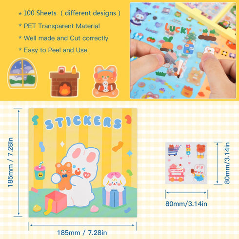 Cute Kawaii Cartoon Stickers Set -Transparent PET Scrapbook Sticker Decorative Decal for Bullet Journaling,DIY Arts Crafts,Album,Planners,Junk Jou...