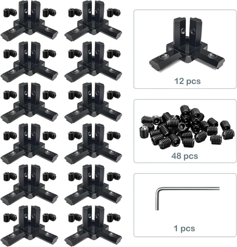 12Pcs Black 2020 Series 3-Way End Corner Bracket Connector with Screws + 1pcs Wrench for Slot 6mm 20S Aluminum Rail Accessories (12)...