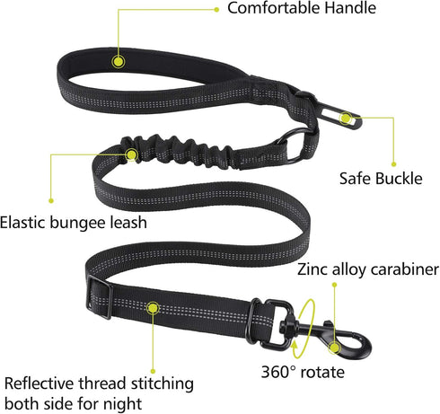 4.0 FT Bungee Dog Leash for Small, Medium and Large Dogs, Reflective Pet Training Long Traffic Leash with Car Seat Belt. (SMALL, BLACK)...