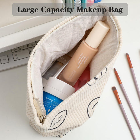 Cosmetic bag Makeup bag Preppy Cute Corduroy Toiletry bag for women travel essentials (Full beige)...