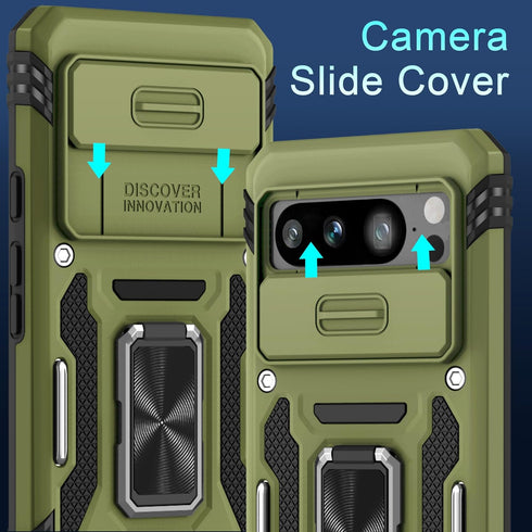 DEERLAMN for Google Pixel 8 Pro Case with Slide Camera Cover+Screen Protector (1 Pack), Rotated Ring Kickstand Military Grade Shockproof Heavy Dut...