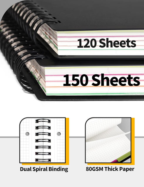 SUNEE Graph Paper Notebook - 300 Pages, 5 Subject, 8.2"x10.8", 5 x 5mm Grid, 5 Pocket Colored Dividers, 3-Hole Punched Quad Paper for Math, Engine...
