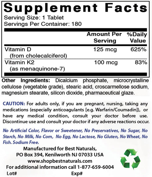 Best Naturals Vitamin K2 (MK7) with D3 Supplement Bone and Heart Health (5000 IU Vitamin D3 & 100 mcg Vitamin K2 MK7), 180 Tablets...