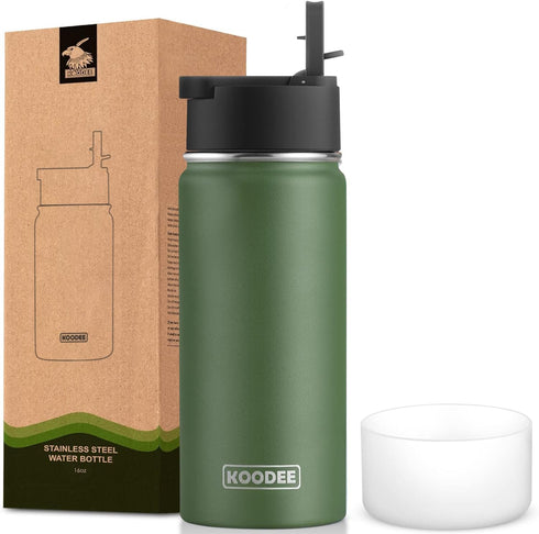 koodee Water Bottle-16 oz Stainless Steel Double Wall Vacuum Insulated Sports Water Bottle with Straw for Girls and Boy (Grass Green)...