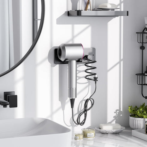 Tindbea Hair Dryer Holder + Curling Iron Holder, Matte Black Blow Dryer Holder Wall Mount, Bathroom Hair Tool Organizer Rack for Universal Dryer...