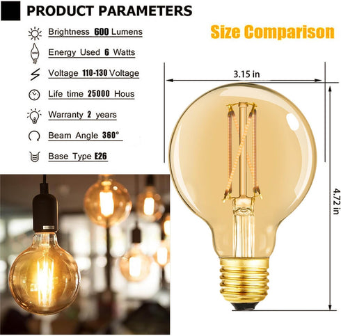 LEOOLS Dimmable G25 led Bulb 60W E26 led Edison Bulb CRI95 Warm White 600LM Amber Glass e26 6W led Globe Bulb for Ceiling Fan,Chandelier,Vanity Li...