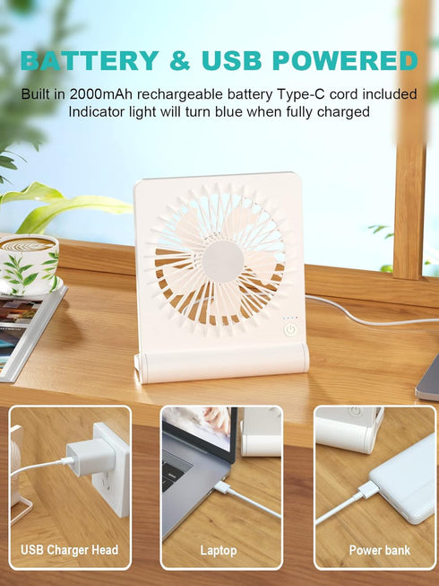 Small Desk Fan, 2000mAh Rechargeable USB Fan Battery Operated,Ultra Quiet, Strong Wind, 3 Speeds Travel Fan...