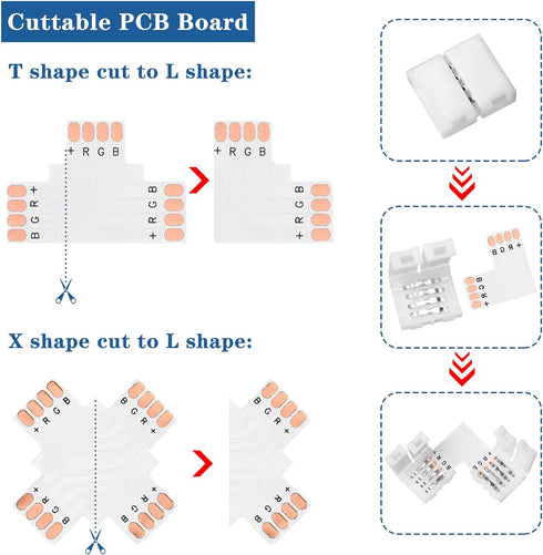 Mudder 95 Pieces 4 Pin LED Light Strip Connectors Set Including Screw Clips, 4 Pin LED Connectors, Cuttable T, L and X Shape PCB Board for SMD 505...