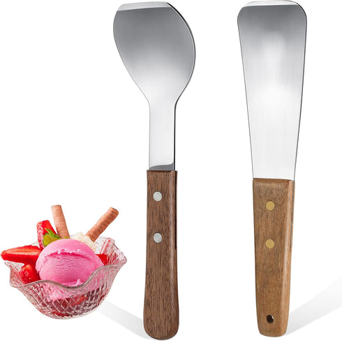 Patelai 2 Pcs Ice Cream Scoop Stainless Steel Ice Cream Shovel with Wooden Handle Dessert Spade Butter Cutter Flat Metal Spade for Dining Kitchen ...