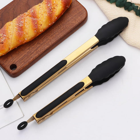 Stainless Steel Classic Kitchen Serving Food Party Gold Tongs 9" and 12" Cooking Tong with BPA Free Silicone Tips, Dishwasher Safe Serving Tools(s...